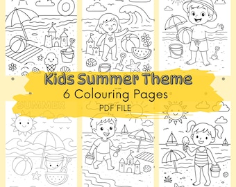 夏のビーチをテーマにした子供向けぬり絵 - 自宅で印刷、ぬり絵