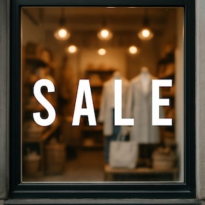 Può includere: Una vetrina con la scritta "SALE" a grandi lettere bianche. L'interno del negozio è sfocato, con manichini e vestiti visibili. L'illuminazione calda crea un'atmosfera soffusa.