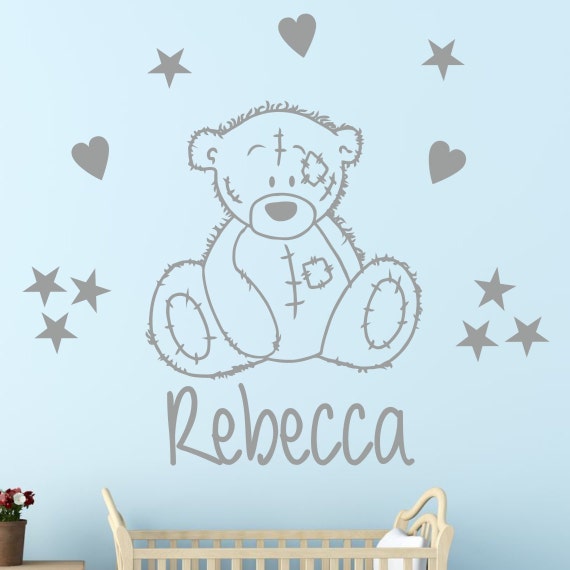 Cute Tatty Style Bear With Personalised Bespoke Name Vinyl Adhesive Wall Sticker Kids Bedroom Cute Nursery K19