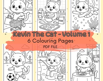 ケビン猫のテーマの子供向けぬり絵ページ - 自宅で印刷、ぬり絵ブック