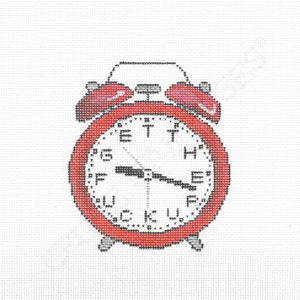 May include: Red alarm clock with a white face and black hands. The clock face has the letters "GET THE FUCK UP" around the numbers.