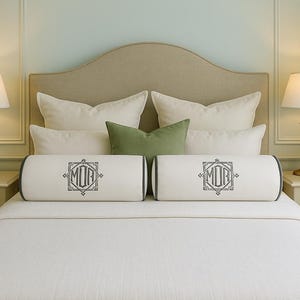 Monogrammed bolster Luxury velvet pillow Custom throw pillow Cushion embroidered Housewarming gift Home decor Master bedroom pillow initials