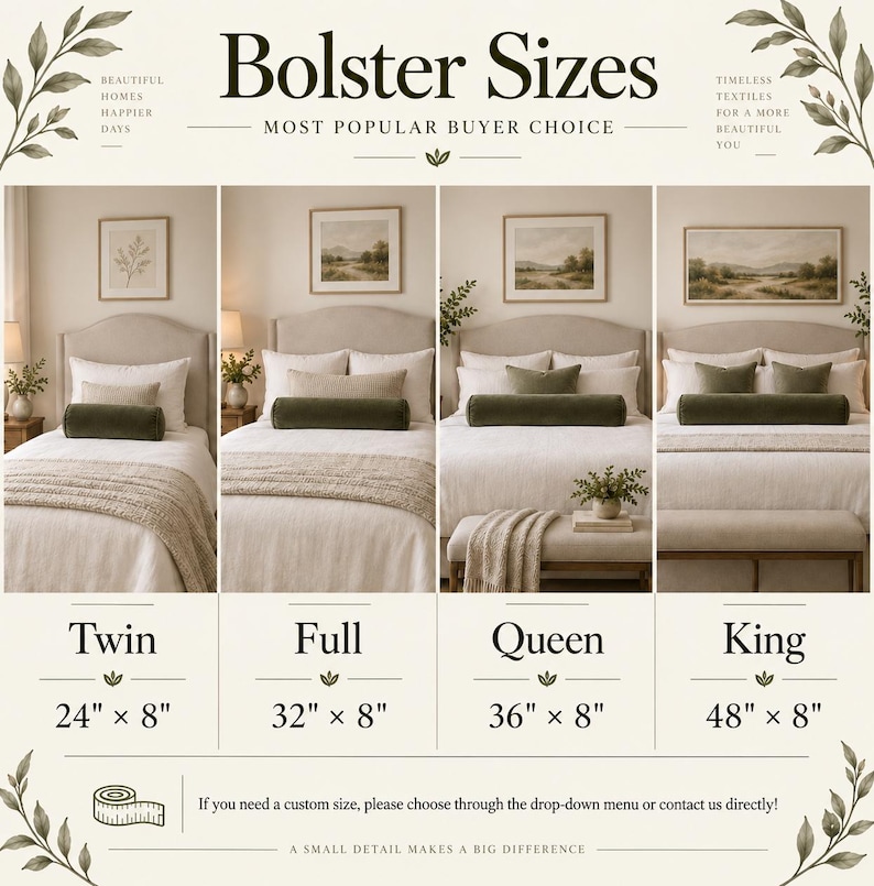 May include: A size guide for bolster pillows featuring four bedroom scenes with twin, full, queen, and king beds. Text includes 'Bolster Sizes', 'Most Popular Buyer Choice', and dimensions: 24" x 8", 32" x 8", 36" x 8", and 48" x 8".