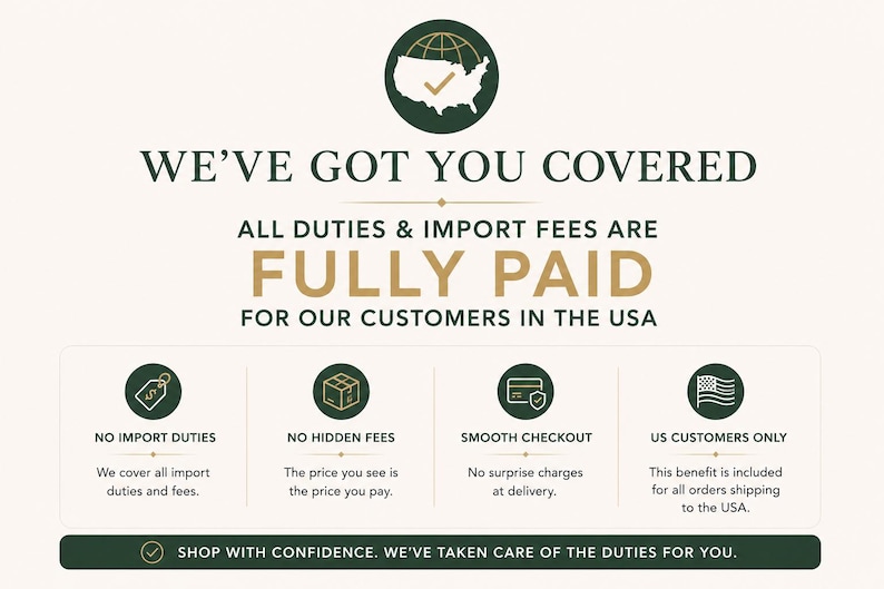 May include: An informational graphic with a dark green and cream color scheme. It features the text WE'VE GOT YOU COVERED, ALL DUTIES & IMPORT FEES ARE FULLY PAID FOR OUR CUSTOMERS IN THE USA, and icons representing import duties, fees, and checkout.