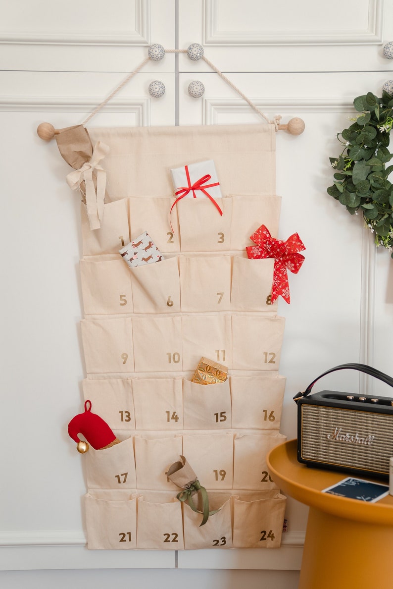 Personalise Advent Calendar wall large fabric for kids Personalized Christmas Countdown with pockets for treats, activity cards Handmade Modern with gold