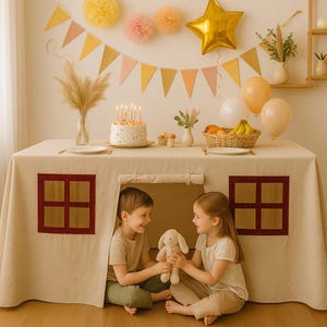 Kids tent fPlayhouse Tablecloth Kids Table Fort with Red Velvet Windows Montessori Pretend Play Tent for Dining Table Indoor Outdoor