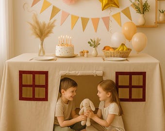 Kids tent fPlayhouse Tablecloth Kids Table Fort with Red Velvet Windows Montessori Pretend Play Tent for Dining Table Indoor Outdoor