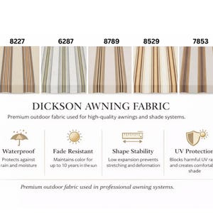Puede incluir: Muestras de tela para toldos Dickson numeradas 8227, 6287, 8789, 8529 y 7853 con varios patrones de rayas en tonos beige, marr&oacute;n y gris. El texto destaca caracter&iacute;sticas como impermeable, resistente a la decoloraci&oacute;n, estabilidad y protecci&oacute;n UV.