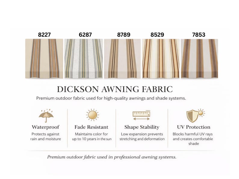 Puede incluir: Muestras de tela para toldos Dickson numeradas 8227, 6287, 8789, 8529 y 7853 con varios patrones de rayas en tonos beige, marr&oacute;n y gris. El texto destaca caracter&iacute;sticas como impermeable, resistente a la decoloraci&oacute;n, estabilidad y protecci&oacute;n UV.