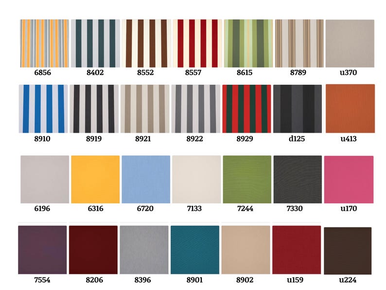 Puede incluir: Una cuadr&iacute;cula de veintiocho muestras de tela con varios colores s&oacute;lidos y patrones de rayas verticales. Cada muestra est&aacute; etiquetada con un c&oacute;digo alfanum&eacute;rico &uacute;nico, incluyendo 6856, 8402, 8552, 8557, 8615, 8789, u370, 8910, 8919, 8921, 8922, 8929, d125, u413, 6196, 6316, 6720, 7133, 7244, 7330, u170, 7554, 8206, 8396, 8901, 8902, u159 y u224.