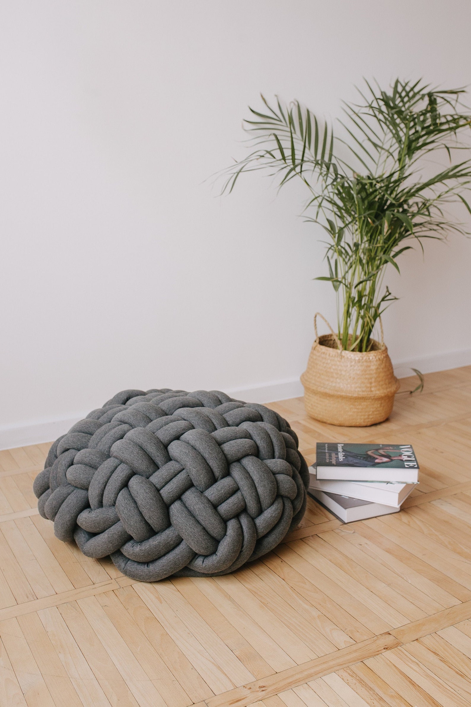 Pouf ottoman knot braided charcoal Etsy