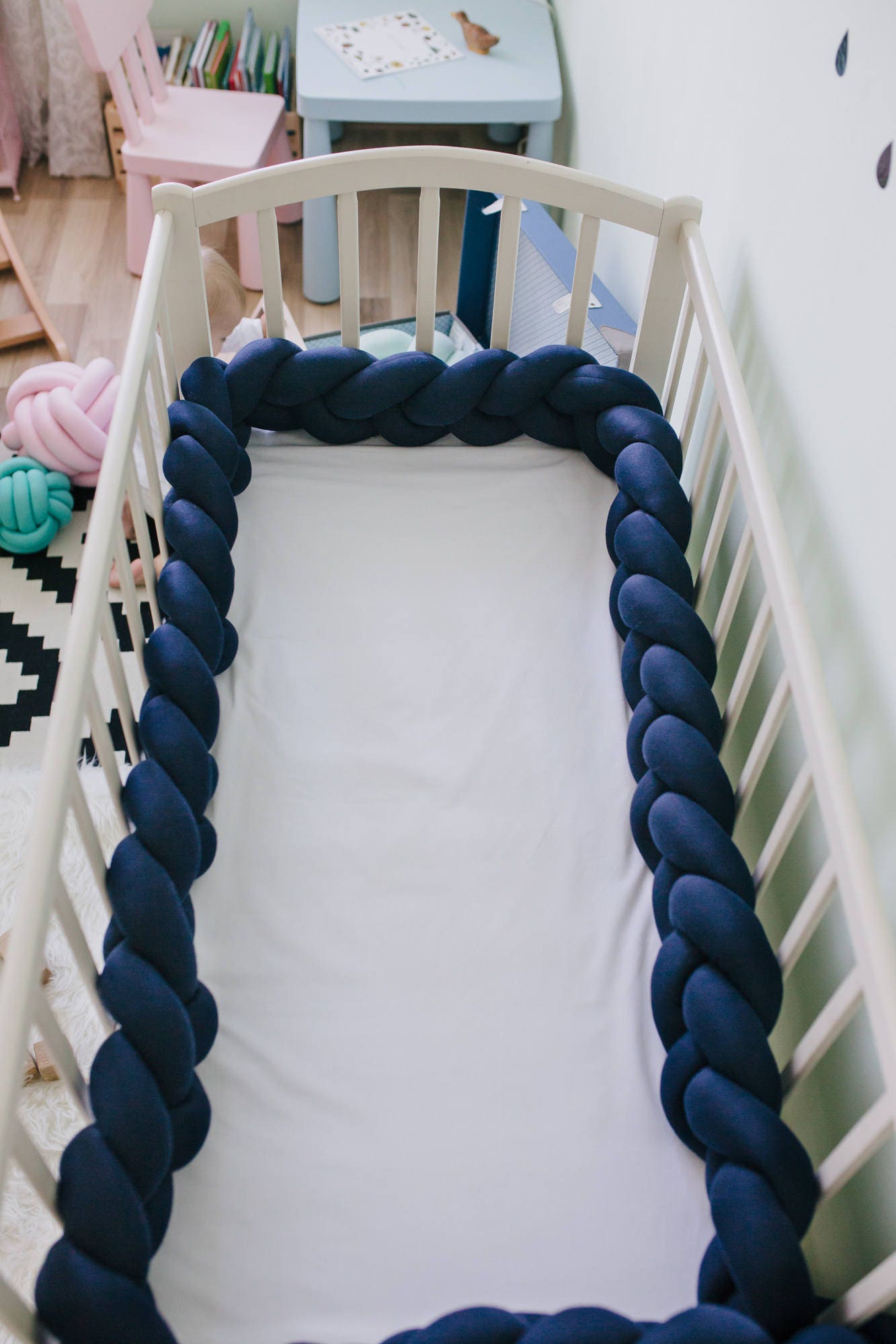 Braided Crib Bumper navy blue braided cot bumper Knot Pillow Etsy