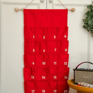 Personalise Advent Calendar wall large fabric for kids Personalized Christmas Countdown with pockets for treats, activity cards Handmade Red