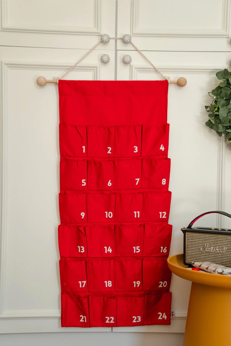 Personalise Advent Calendar wall large fabric for kids Personalized Christmas Countdown with pockets for treats, activity cards Handmade Red