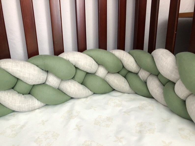 LINEN crib bumper sage green DOUBLE braided cot bumper cradle Etsy