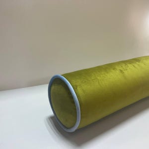 Könnte beinhalten: Ein grünes Samtkissen mit hellblauem Besatz. Das Kissen ist zylindrisch und hat eine weiche, plüschige Textur.