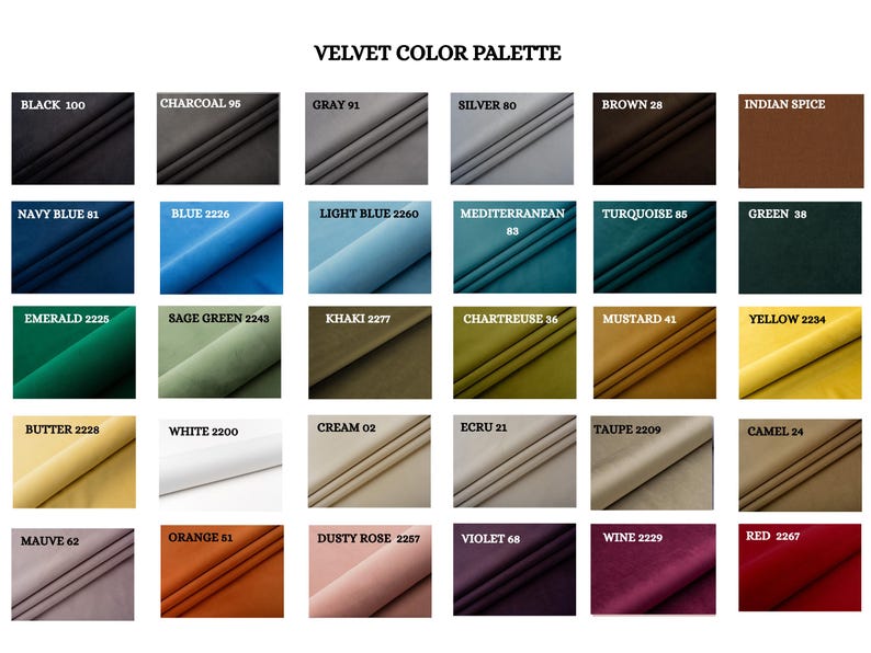 May include: A velvet color palette chart featuring thirty distinct fabric swatches arranged in a grid. Each swatch is labeled with a color name and a corresponding number, including black, charcoal, gray, silver, brown, indian spice, navy blue, blue, light blue, mediterranean, turquoise, green, emerald, sage green, khaki, chartreuse, mustard, yellow, butter, white, cream, ecru, taupe, camel, mauve, orange, dusty rose, violet, wine, and red.