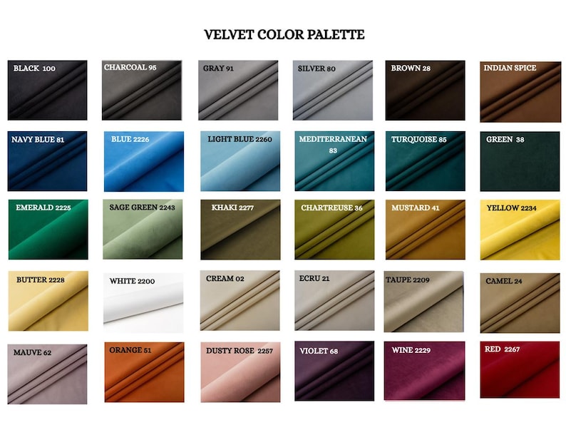 May include: A velvet color palette featuring swatches in various colors, including black, charcoal, gray, silver, brown, and Indian spice. Other colors include navy blue, blue, light blue, emerald, sage green, khaki, and chartreuse. The text "VELVET COLOR PALETTE" is at the top.