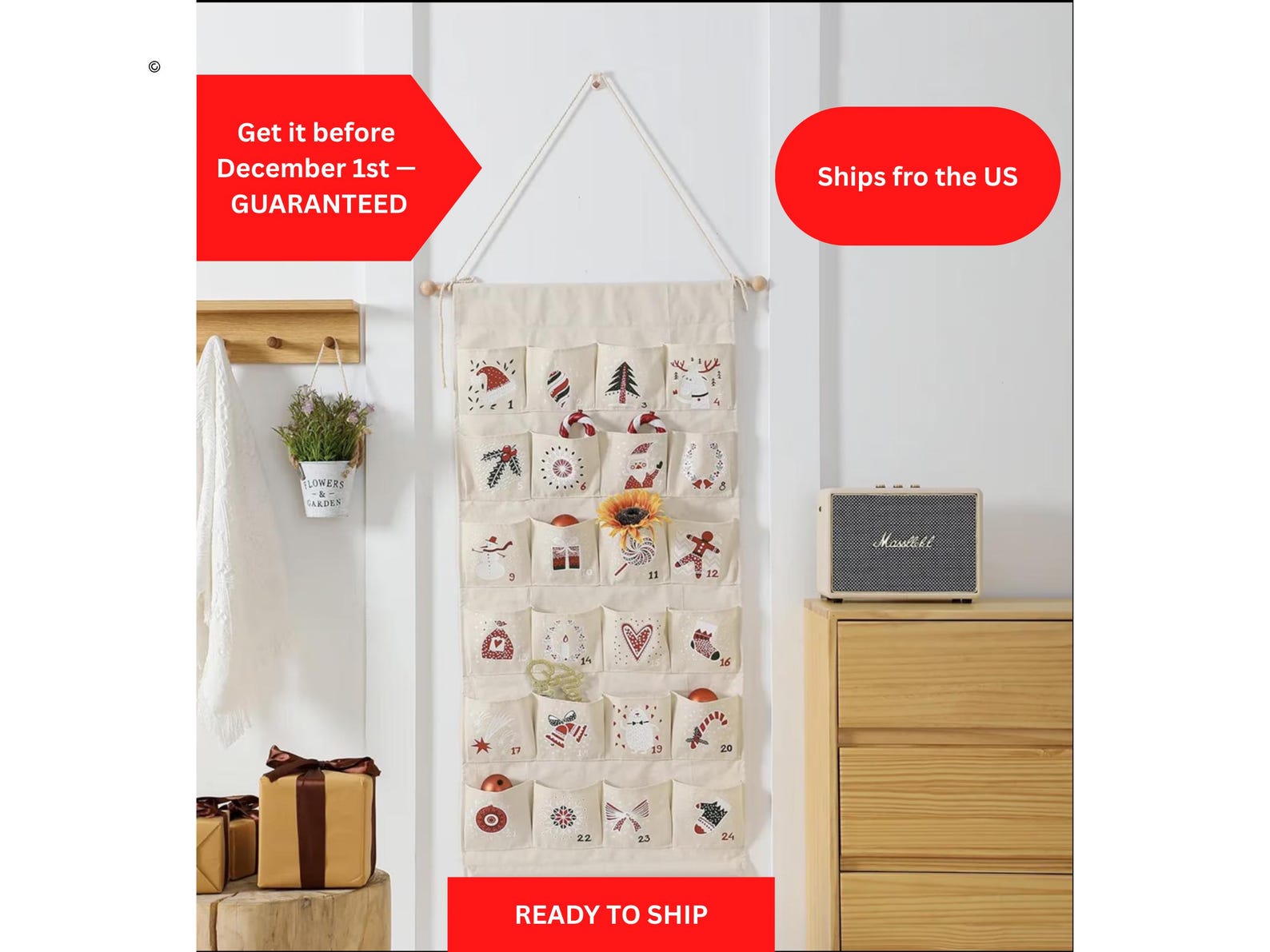 Wall hanging Advent Calendar Personalized large fabric for kids