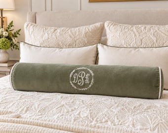 Monogram Velvet Bolster Pillow: Customizable Bedroom Decor, Luxury Throw Cushion