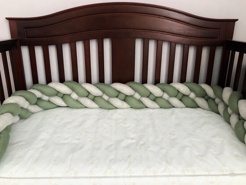 LINEN crib bumper sage green DOUBLE braided cot bumper cradle Etsy