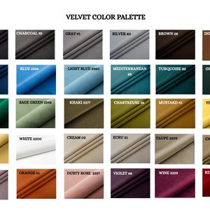May include: A velvet color palette chart featuring thirty distinct fabric swatches arranged in a grid. Each swatch is labeled with a color name and a corresponding number, including black, charcoal, gray, silver, brown, indian spice, navy blue, blue, light blue, mediterranean, turquoise, green, emerald, sage green, khaki, chartreuse, mustard, yellow, butter, white, cream, ecru, taupe, camel, mauve, orange, dusty rose, violet, wine, and red.