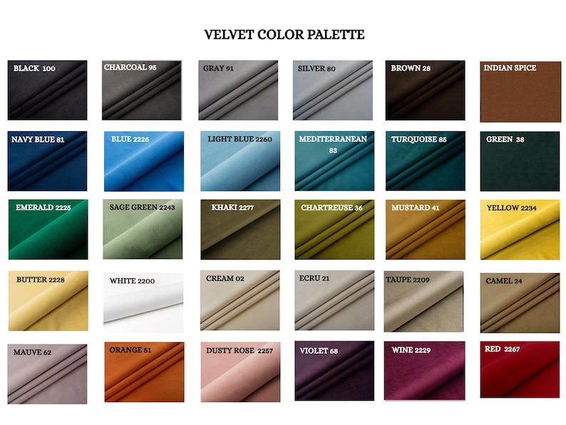 May include: A velvet color palette chart featuring thirty distinct fabric swatches arranged in a grid. Each swatch is labeled with a color name and a corresponding number, including black, charcoal, gray, silver, brown, indian spice, navy blue, blue, light blue, mediterranean, turquoise, green, emerald, sage green, khaki, chartreuse, mustard, yellow, butter, white, cream, ecru, taupe, camel, mauve, orange, dusty rose, violet, wine, and red.