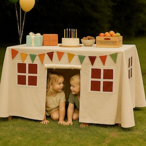 table playhouse Tablecloth Kids Table Fort with Red Velvet Windows Montessori Pretend Play Tent for Dining Table Indoor Outdoor birthday