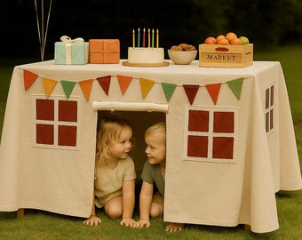 table playhouse Tablecloth Kids Table Fort with Red Velvet Windows Montessori Pretend Play Tent for Dining Table Indoor Outdoor birthday