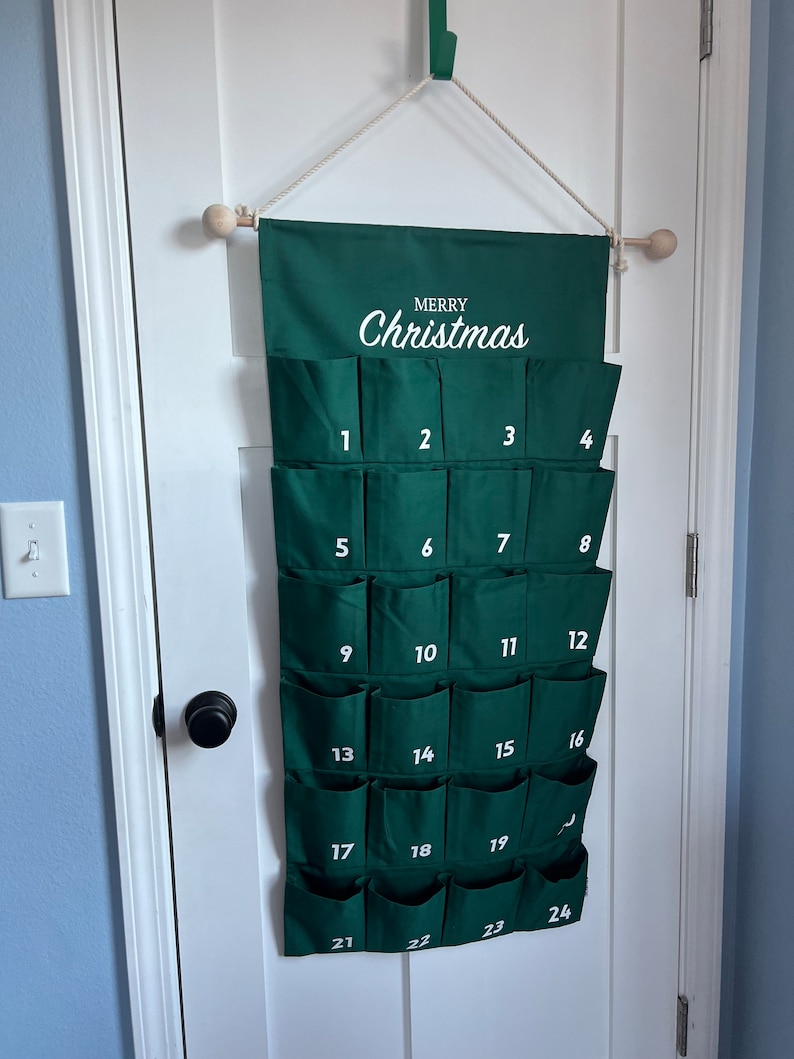 Personalise Advent Calendar wall large fabric for kids Personalized Christmas Countdown with pockets for treats, activity cards Handmade Imperfect green