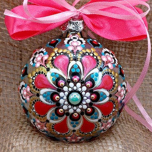 Boule de Noël en verre peinte à la main : art mandala à pois, ornement unique de 8 cm de large