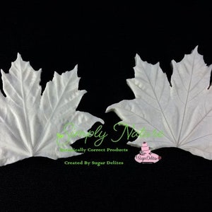 Puede incluir: Dos moldes de silicona blanca en forma de hojas de arce, diseñados para hornear y decorar pasteles. Los moldes están hechos por Simply Nature, Biologically Correct Products, Creados por Sugar Delights.