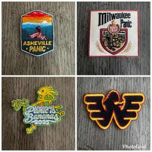 Peut inclure: Quatre écussons brodés avec du texte et des graphiques. L'un d'eux dit "Asheville Panic" avec une scène de coucher de soleil. Un autre dit "Milwaukee Panic Home Team". Un troisième dit "Savannah Panic is Bananas 2023". Le dernier a une silhouette noire.