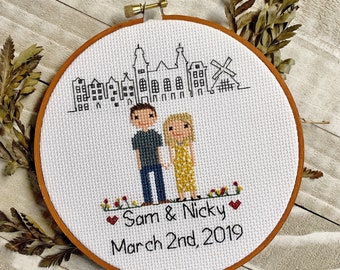 Two Figure Portrait | Custom Cross Stitch Family Portrait | Birth Announcement | Cotton Anniversary | House Warming Gift