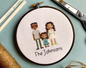 Three Figure Portrait | Custom Cross Stitch Family Portrait | Birth Announcement | Cotton Anniversary | House Warming Gift