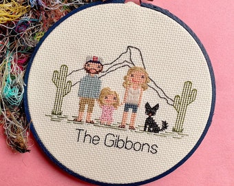 Four Figure Portrait  | Custom Cross Stitch Family Portrait | Birth Announcement | Cotton Anniversary | House Warming Gift