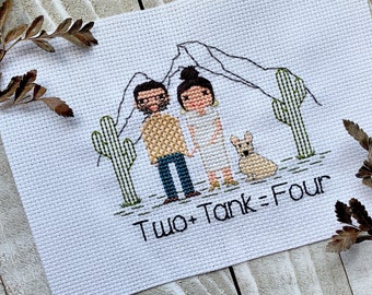 Three Figures Portrait | Custom Cross Stitch Family Portrait | Birth Announcement | Cotton Anniversary | House Warming Gift