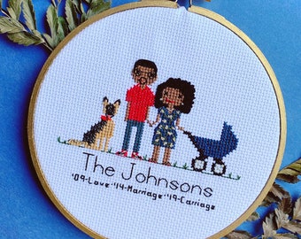 Four Figure Portrait  | Custom Cross Stitch Family Portrait | Birth Announcement | Cotton Anniversary | House Warming Gift