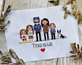 Six Figure Portrait | Custom Cross Stitch Portrait | Birth Announcement | Cotton Anniversary | House Warming Gift