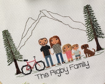 Five Figure Portrait | Custom Cross Stitch Family Portrait | Birth Announcement | Cotton Anniversary | House Warming Gift