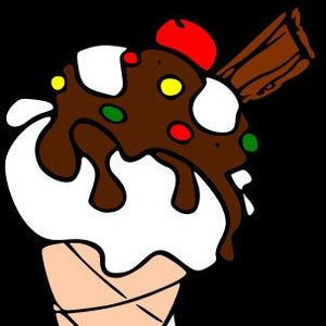 May include: A cartoon illustration of an ice cream cone with white ice cream, chocolate sauce, and colorful sprinkles. A red cherry and a chocolate stick top the ice cream. The cone is tan with brown lines.