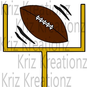 May include: A brown football with white laces is flying through the air and about to score a touchdown in a gold goal post.