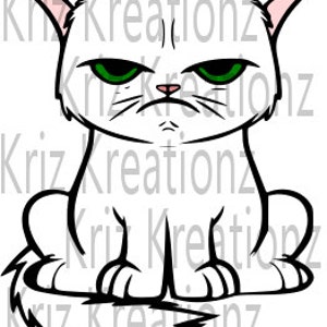 Könnte beinhalten: Eine weiße Comic-Katze mit grünen Augen und einem mürrischen Gesichtsausdruck. Die Katze sitzt mit ihrem Schwanz um den Körper gewickelt.