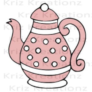 May include: A pink teapot with white polka dots and stripes. The teapot has a white lid with a small white knob on top.
