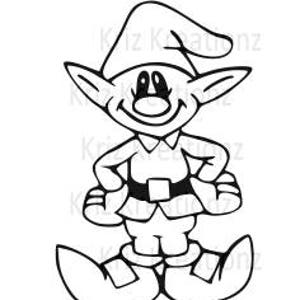 May include: A black and white line drawing of a smiling elf with a pointed hat, wearing a belt and large shoes.