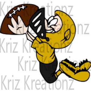 Op de afbeelding: Een cartoonillustratie van een American footballspeler die een gouden helm en shirt draagt en een bruine voetbal met zijn rechterhand vangt.