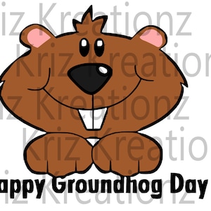 May include: A cartoon illustration of a smiling groundhog with brown fur, a black nose, and white teeth. The groundhog is wearing a pink nose and has its paws crossed in front of it. The text "Happy Groundhog Day" is written below the groundhog.