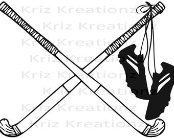 May include: Two black field hockey sticks crossed over each other with a pair of black athletic shoes hanging from the top of the sticks.