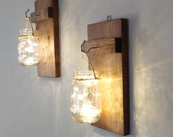 Set of 2 Rustic Mason Jar Wall Sconces, Mason Jar Lights, Hanging Mason Jars, Rustic Home Decor