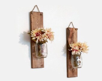 Hanging Mason Jar Wall Sconce Set, Mason Jar Wall Decor, Mason Jar Decor, Rustic Home Decor, Farmhouse Decor, Set of 2 Wall Sconces